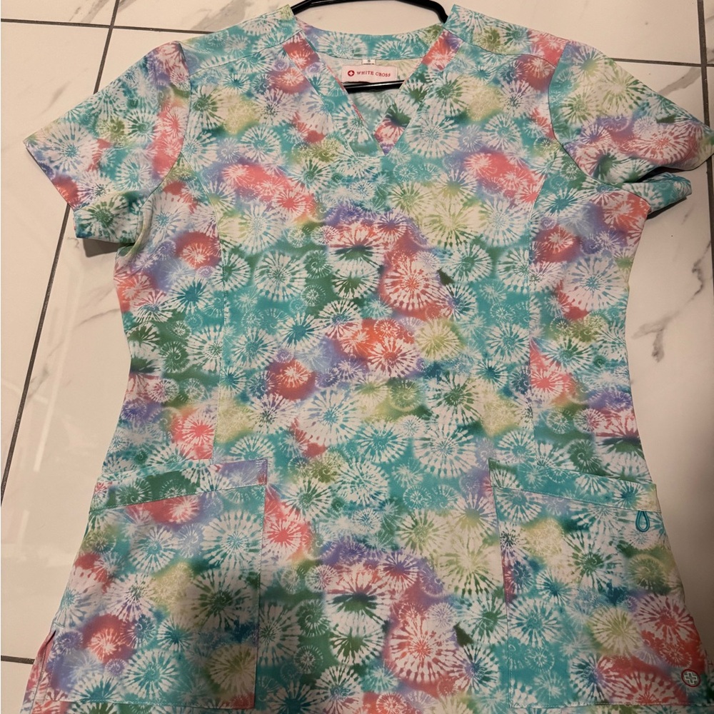 White Cross Multicolor Tie-Dye Scrub Top